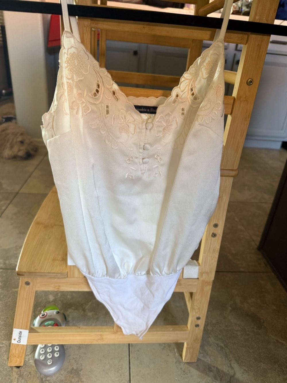 Abercrombie & Fitch Cream Embroidered Satin Bodysuit